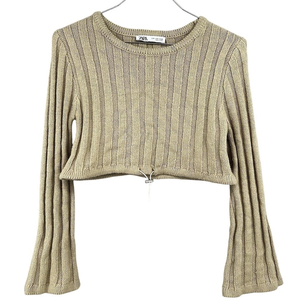 Zara Women's Drawstring Cropped Long Sleeve Sweater Tan Neutral‎ Clean Girl M